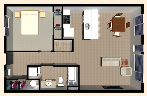 Floor plan for 1 bed, 1 bath, 708 sqft